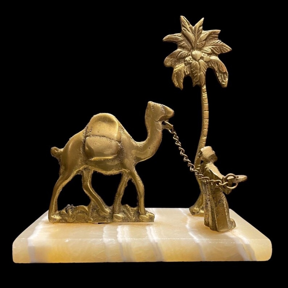 Vintage 1970s Camel Desert Solid Brass & Onyx Marble Art Sculpture - Oasis MCM